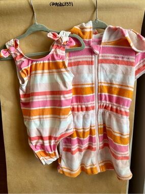 Eddie Bauer White, Orange, Pink Little Girls Swimsuit and Terry Cloth Coverup